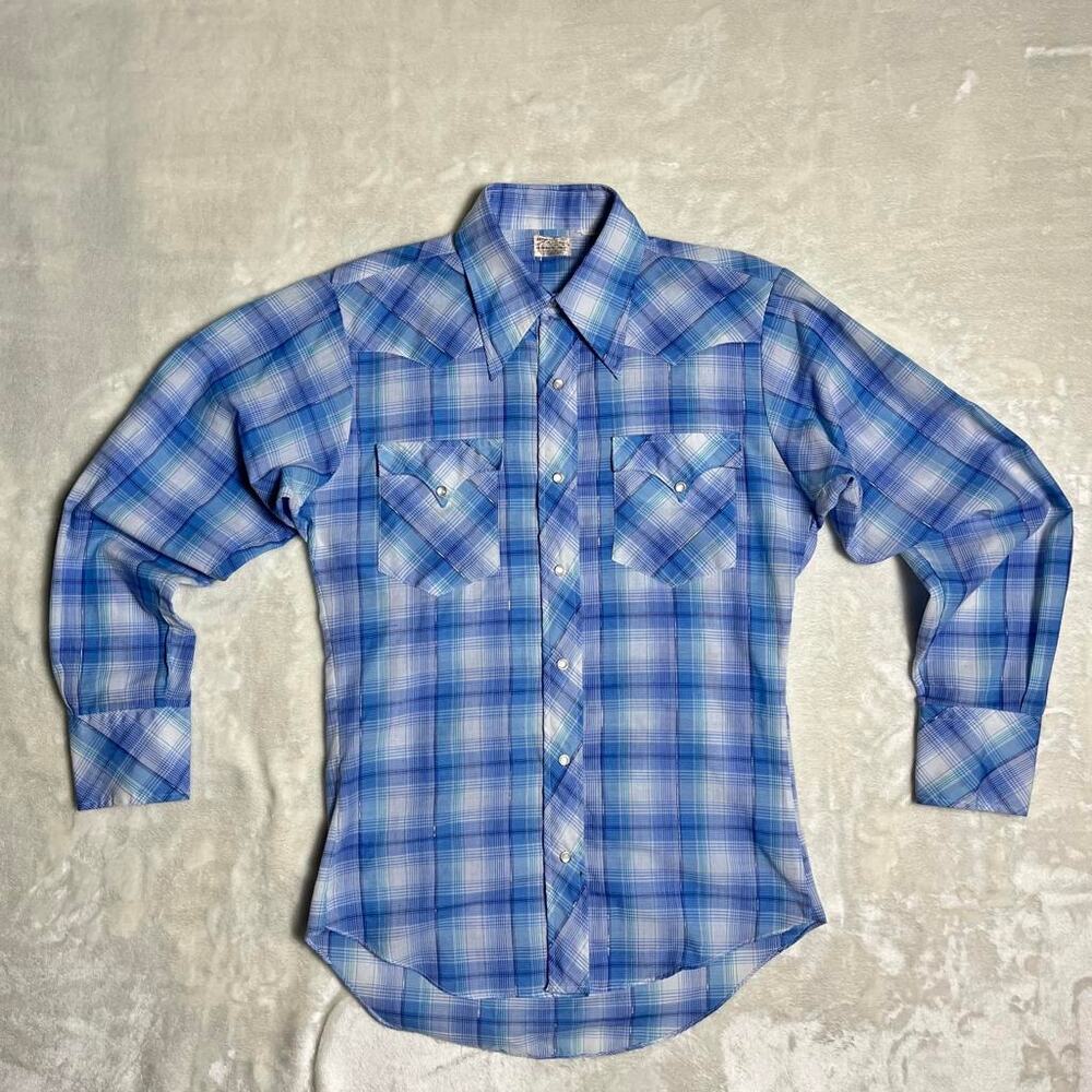 Vtg Western Pearl Snap Shirt Women's M Lt Blue White Sparkle Country Rockabilly